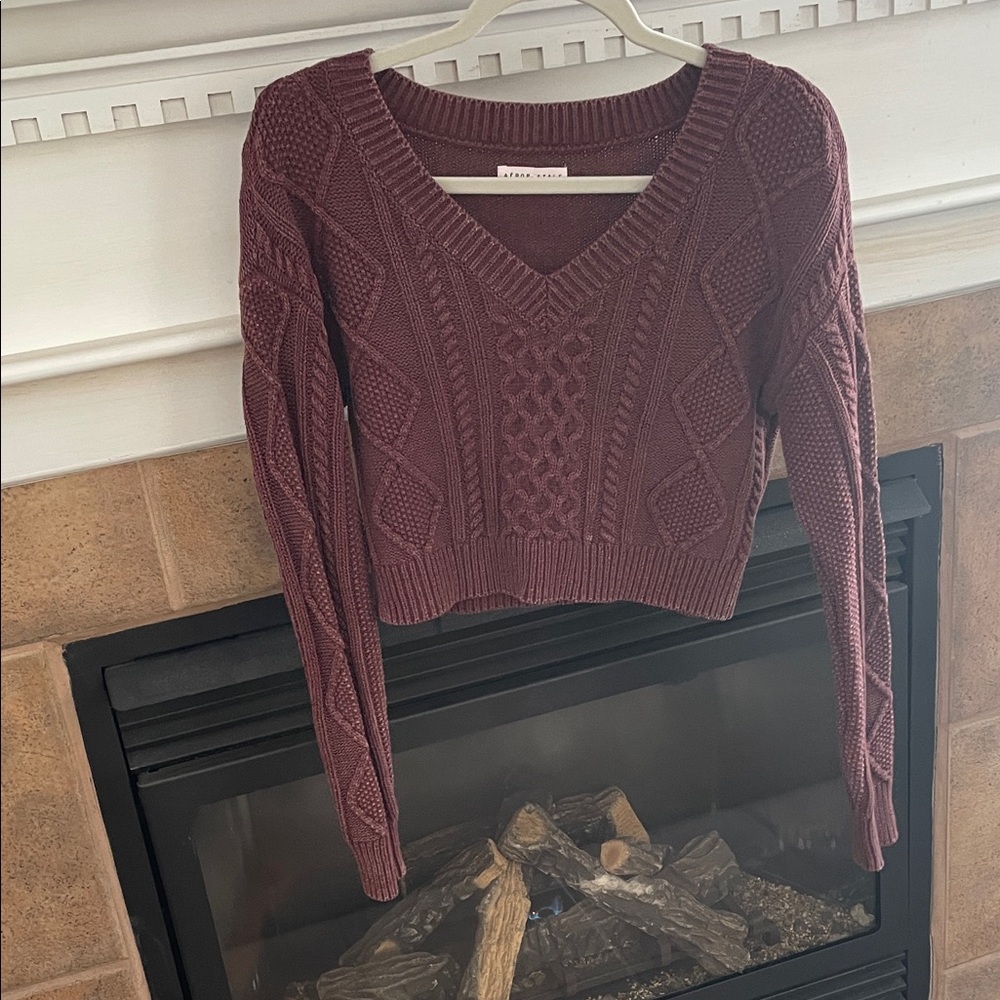 Aeropostale  Crop V-Neck Cable Knit Sweater - Burgundy